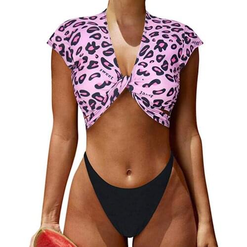 2020 New Sport Bikini Women Swimwear Short Sleeve Swimsuit High Waist Two-pieces Leopard Sport bikini T-shirt Female Beachwear