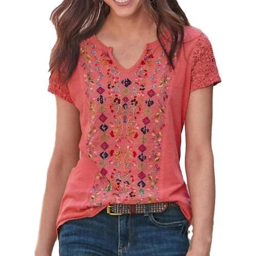 Summer Women T-shirt V Neck Ethnic Print Short Sleeve Loose Top Women for Office t shirt women 2021 fashion Blue xxxl