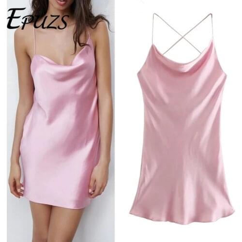 Za 2021 Spaghetti Strap Pink Satin Dresses women Summer dress Sexy mini Dress Ladies Club Night elegant Vestidos
