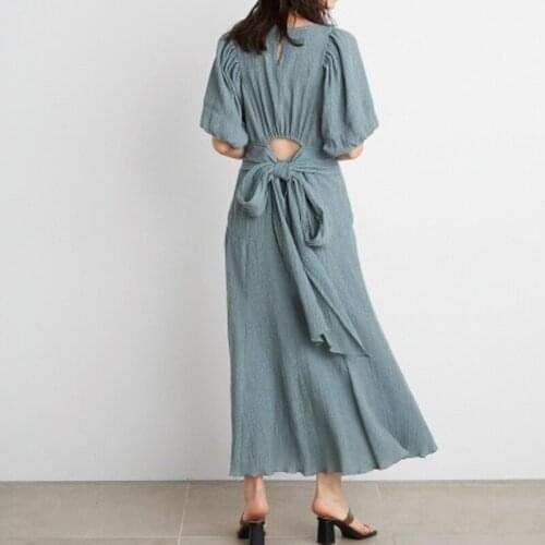 Japanese Summer 2021 New Woman Dress Elegant Puff Sleeve Back Hollow Ice Silk Soft Smooth Vestidos Party Birthday Festival Robe