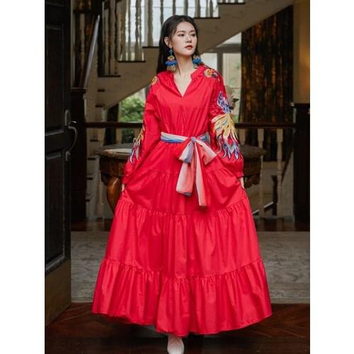 Summer New Korean Insta Retro Palace Dress Ethnic Wind Heavy Phoenix Embroidered Long Loose Dress Bohemian Beach Red Dress