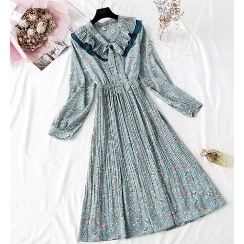 2021 Vintage Floral Print Chiffon Dress Spring Summer Midi Long Pleated dress Women elastic waist Vestido elegant dress