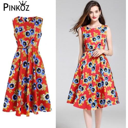 Pinkoz Fashion Red Floral Print Vintage Plus Size Christmas Party Dress Women 2021 Elegant Evening Wear Sleeveless Summer Lady