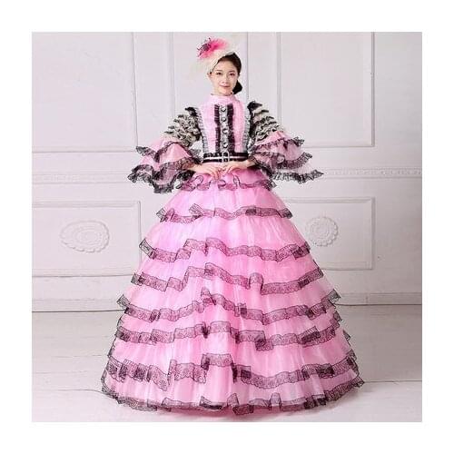100real luxury pink black lace carnival bubble ruffle court medieval dress princess queen cosplay gown ball long dress/ball gown