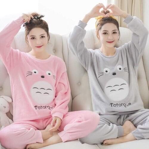 2020 Winter Thick Warm Flannel Pajama Sets for Women Long Sleeve Coral Velvet Pyjama Girl Cute Cartoon Totoro Sleepwear Homewear