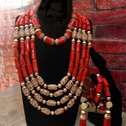4UJewelry African Women Coral Beads Jewelry Set For Edo Bridal Wedding Necklace Set 5 Layers 100% Nature / Genunine Coral Beads