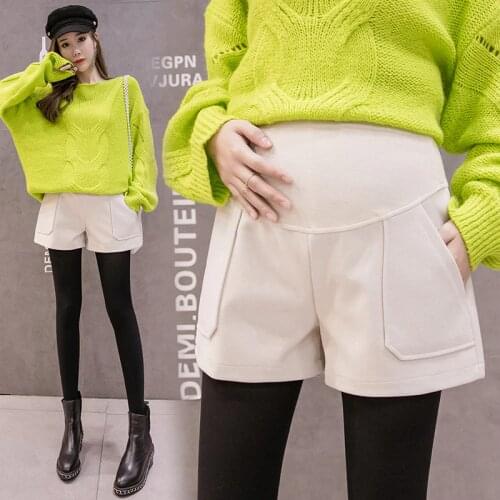 605# Autumn Winter Woolen Maternity Shorts High Waist Belly Casual Shorts Clothes for Pregnant Women Loose Wide Leg Pregnancy