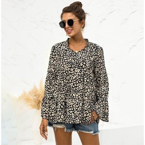 Lantern Sleeve Fashion Leopard Print Summer Shirt Women Clothes V-neck Wide Loose Tops Blouses Casual Street Wear Blouse