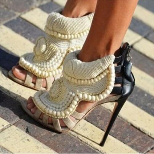 White Pearl Women Sandals Thin Heels Knitting Patchwork Women Ankle Boot Sexy Hollow Gladiator Sandals Women Plus Size 10