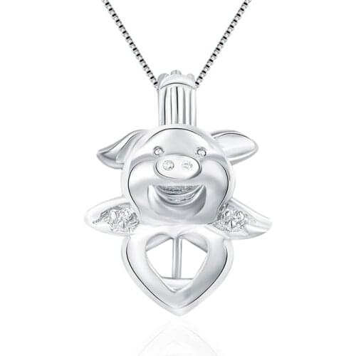 CLUCI Silver 925 Funny Pigs Pearl Pendant for Women Necklace Making 925 Sterling Silver Pig Shaped Pearl Cage Locket SC079SB