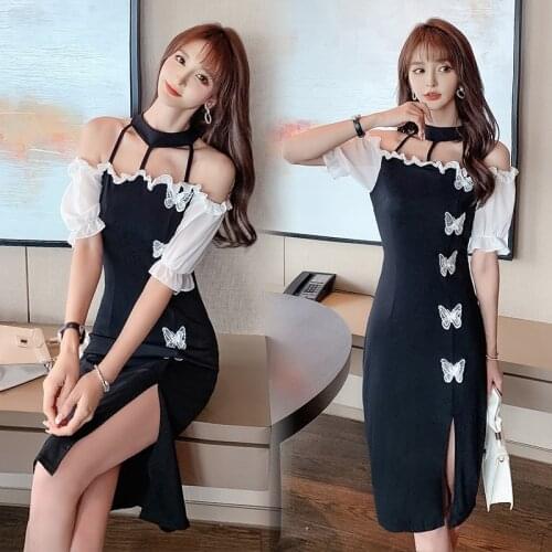 COIGARSAM Women Korean Dress Fashion One Piece Summer Vintage Bow High Waist Black Dresses Traf Vestidos Robe