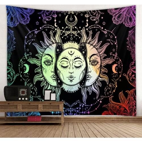 Colorful sun and moon mandala tapestry black and white sun god wall hanging hippie bohemian family dormitory decoration tapestry