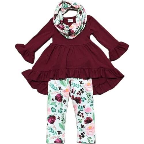 Girlymax Fall/winter Baby Girls 3 pieces Scarf Children Wine Floral Flower Cotton Outfits Boutique Pants Set Kids Clothing