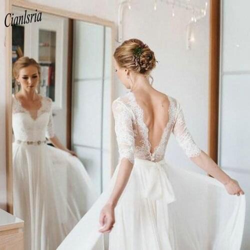 Elegant V-Neck Half Sleeve Country Wedding Dress With Crystal Sashes Appliques Lace Backless Chiffon Long Bridal Wedding Dresses