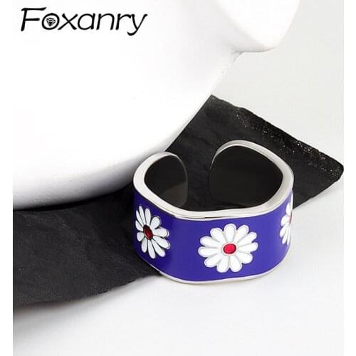 Foxanry 925 Sterling Silver Index Finger Wide Rings Summer New Trend Vintage Elegant Blue Drip Glaze Flowers Girls Party Jewelry