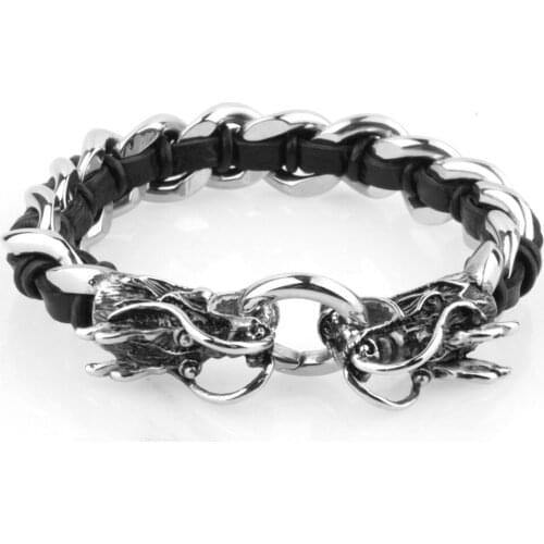 Hipper Stainless Steel Black Silver Color Dragon Head Black leather Weaving Cuban Chain Bracelet Cuff Bangle Mens Boys Jewelry