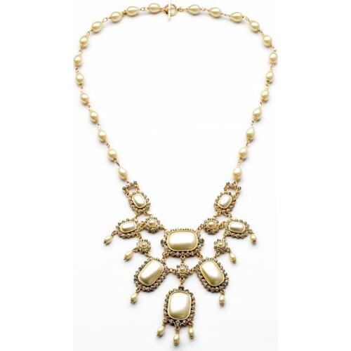 Imitation Pearl Beads Chain Crystal Flower Geometric Necklace Elegant Women Fashion Wedding Necklace Jewelry