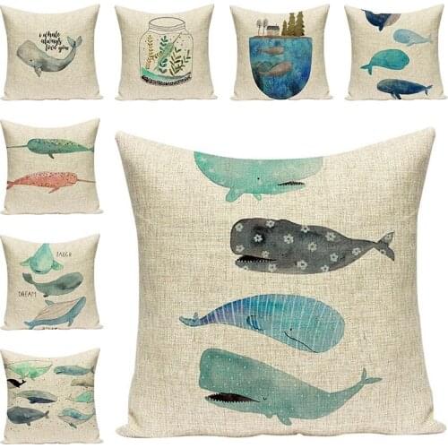 Customized Ocean Whale Printed Chair Cushion Home Decorative Pillowcase Cushions Cover for Sofa Simple Cotton Linen Pillow Cases