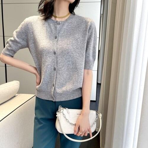 Spring Autumn Women Sweater Female Cardigan Short Sleeve O-Neck 100% Wool Knitted Jumpers Coats Pull Femme Clothes Jakects Tops
