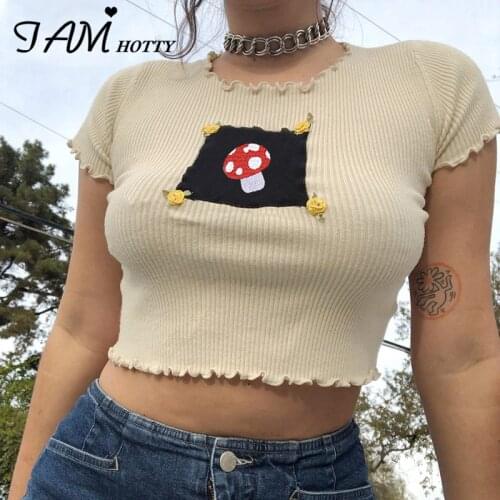Kawaii Frill Cartoon Print Ribbed Cotton Short Sleeve T-shirts Women Brown Crewneck Corset Crop Top Tee Summer 2021 90s Iamhotty