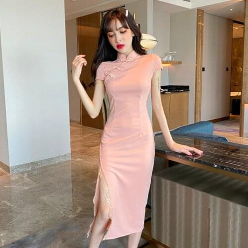 Chinese Style Harajuku Women Cheongsam Vestidos Clothing Party Sexy Slim Robe Summer Vintage Lace Bodycon Midi Dress Mujer Ropa