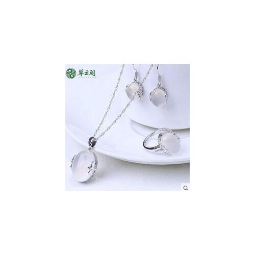 Jade silver inlaid agate white jade marrow Pendant Earring Earring Ring three pieces set of chalcedony suit