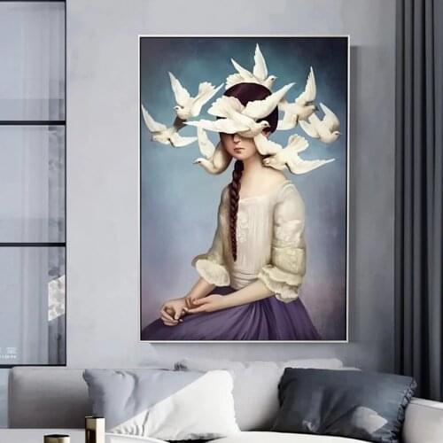 Peace Dove Sky Holy Face Canvas Painting Living Room Girl Art Modern Wall Home HD Poster