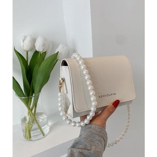 Fashion Design Women PU Leather Pure Color Shoulder Crossbody Messenger Bag Casual Ladies Pearl Chain Mini Handbags Flap Purse