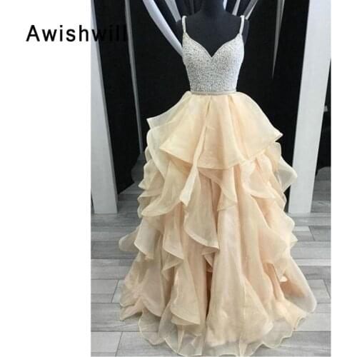 Fashion Champagne Evening Dress Spaghetti Strap Ruffles Beading A-Line Organza Backless Prom Gowns Party Night Dresses Women
