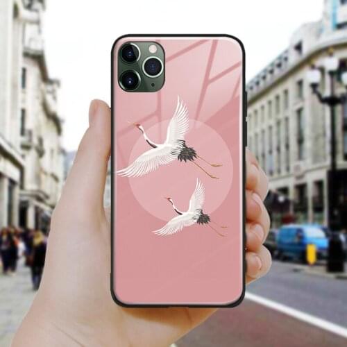Japanese Style Pink Cranes Soft Silicone Tempered Glass For iPhone SE 6s 7 8 Plus X XR XS 11 Pro Max Phone Case Cover Shell