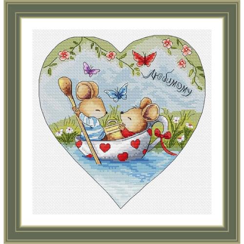 Fishxx Cross Stitch Kit A3268 Pleasure Boat Mouse Precision Printing Heart-Shaped Pattern Home Hand Embroidery