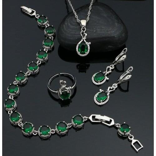 Engagement Jewelry 925 Silver Jewelry Set for Women Green Cubic Zirconia Open Ring Earring Pendant Chain Bracelet Set