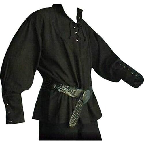 S-5XL Medieval Renaissance Vikings Pirate Costume Larp Halloween Outfit Mens Lacing Up Tunic Shirt Tops For Adult Plus Size