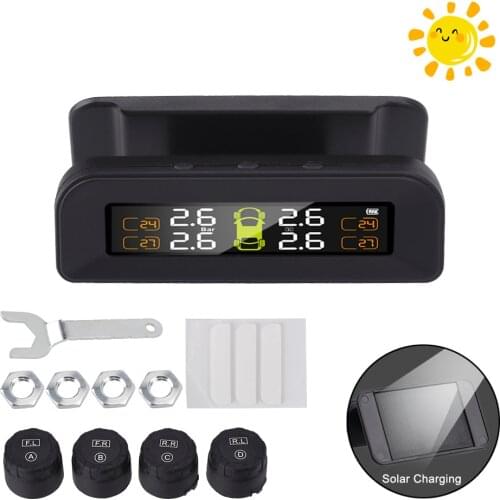 Solar TPMS Car Tire Pressure Alarm Monitor System Display Intelligent Temperature Warning Fuel Save with 4 Sensors TPMS