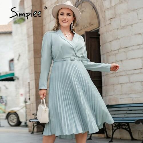 Simplee Elegant pleated belt women dress plus size A-line high waist v-neck midi dress autumn Office long sleeve female vestidos