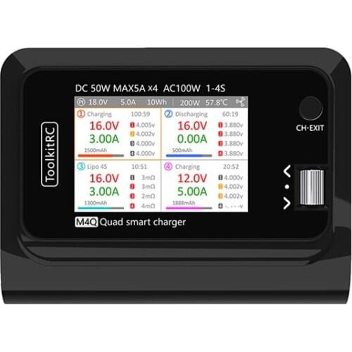 ToolkitRC M4Q 4x50w 5A 1-4S AC 100W 4Port XT60 XT30 DC Smart Charger 3.5'' ARM IPS Bright Clear Wide Angle Display Screen 32bits