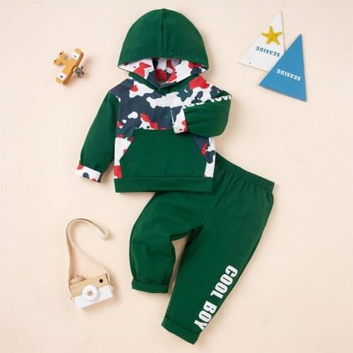 Baby boy spring and autumn fashion letter camouflage printing casual hooded bag sweater with two-piece suit baby boy clothing