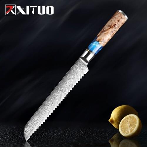 XITUO Damascus Steel VG10 Bread Knife Chef Knife Meat Fillet Salmon Fish Blue Resin Color Wood Handle Kitchen Knife Cooking Tool