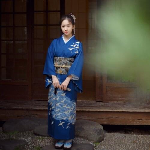 Japanese Women elegant Kimono blue Vintage Original Tradition Yukata Novelty Evening Dress Japanese Cosplay Costume