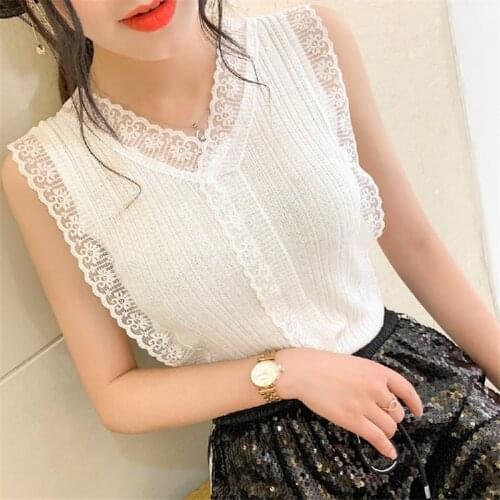 Casual Lace Knit Stitching Tank Tops Women Sweet V-neck Hollow Korean Slim Sleeveless Top Black White Pink Bottoming Vest