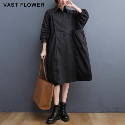 Cotton Black Vintage Summer Dress Women New Lapel Half Sleeve Loose Casual Midi Ladies Dresses Vestidos Fashion Clothes 2021