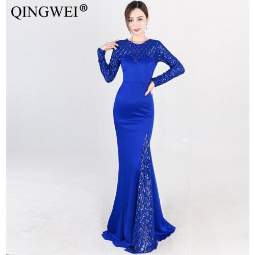 QINGWEI Women Dress Fashion Party Elegant Nose Fishtail Dress Party Lace Blue Sexy Bag Hip Long Spring Summer Dresses Vestidos