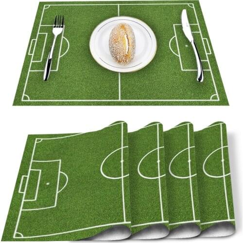 4/6 Pcs Placemat Soccer Balls Football Field Printed Table Mat For Tables Heat-insulation Cotton Linen Kitchen Dining Pads