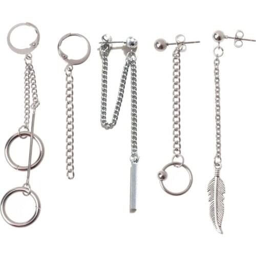 5Pcs Titanium Steel KPOP Boy Album Tassel Chain Drop Earrings Kit Korean Jewelry