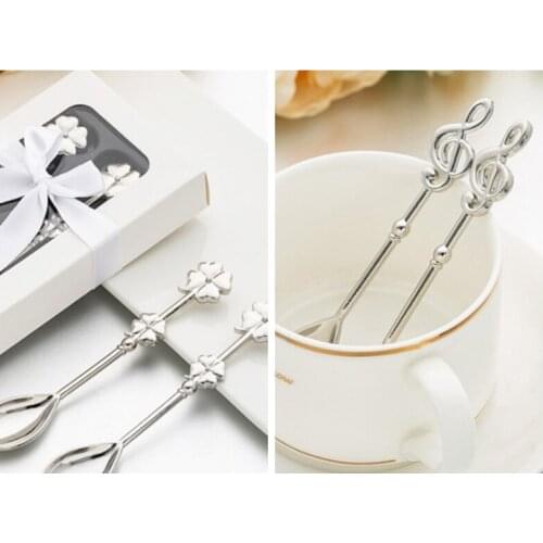 50Pcs/lot)=25Sets) Silver Wedding reception gifts of Music Note Coffee Spoon and Four Leaf Clover Favors For bridal Party favor