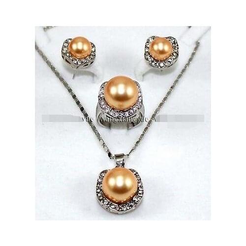 FREE SHIPPING HOT sell new Style >>>>Golden South Sea Shell Pearl Earrings /Ring /Necklace Pendant Set 18"