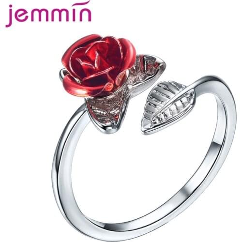 Lovely Red Rose Flower and Leaf Charm Relizable Opening Finger Ring for Beloved Girlfriend Wife Valentines Day Gift Jewelry