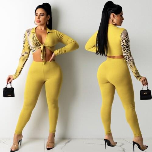 Echoine Yellow Leopard Print Patchwork Crop Top Legging Pants Lace Up Shirt 2 Piece Set Bodycon Outfits Skinny Party Suit New