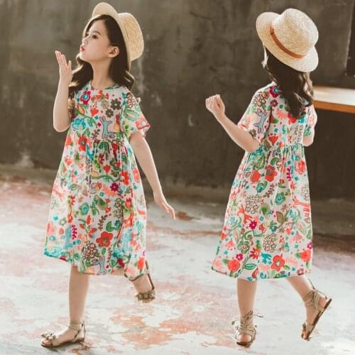Summer Girls Dress Kids Short Sleeve Floral Print Korean Casual Style Dresses Childrens Clothing Princess Dress 4-13 Years Old