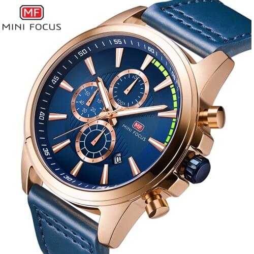 MINI FOCUS Mens Chronograph Quartz Watches Leather Strap Army Sports Waterproof Wristwatch Man Relogios Masculino 0129G Blue
